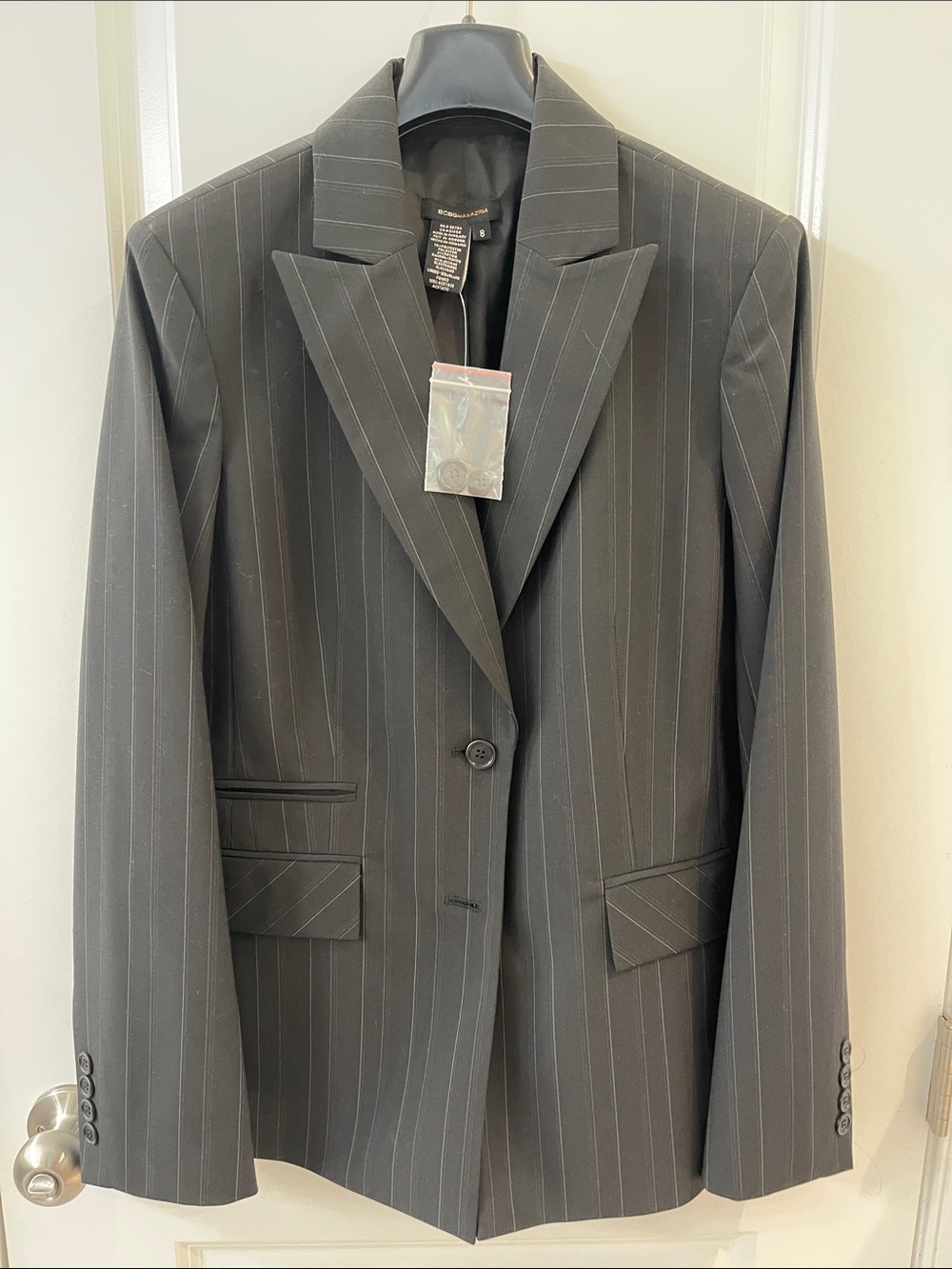 BCBG Classic Black Pinstripe women’s suit. Sexy, short, faux wrap ruffleskirt.